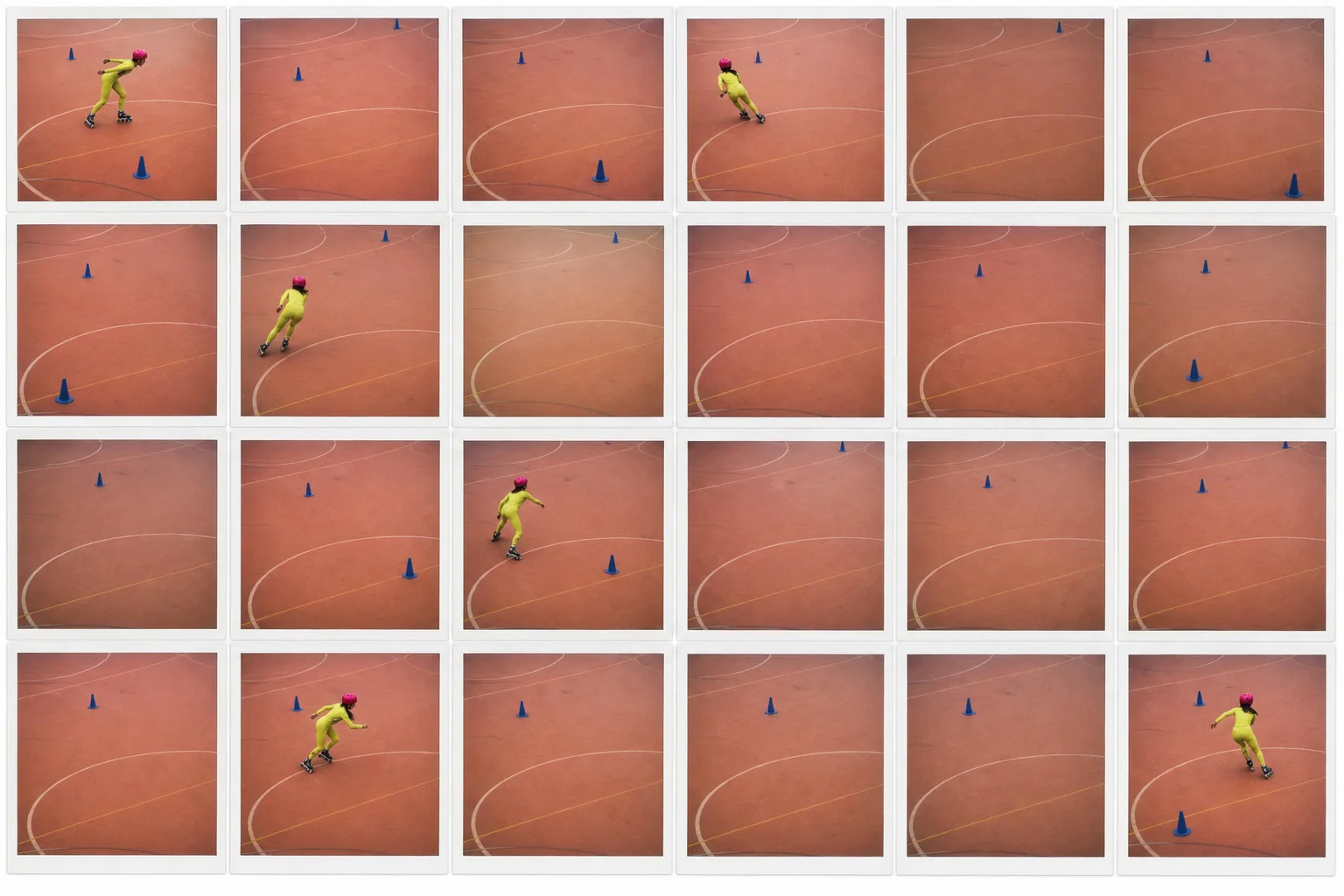 A yellow roller skater appears six times across a stable six by four coral-court instant-film grid with empty cells between phases.